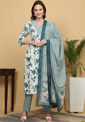 Grey Embroidered Poly Blended Kurta Sets