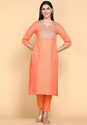 Peach Embroidered Poly Blended Kurta Sets