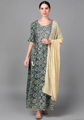 Navy Blue Embroidered Poly Blended Kurta Sets