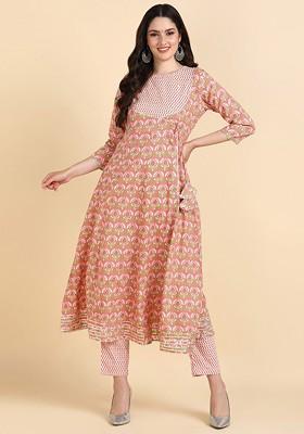 Peach Embroidered Poly Blended Kurta Sets
