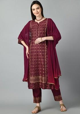 Burgundy Embroidered Poly Blended Kurta Sets