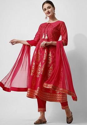 Fuchsia Embroidered Poly Blended Kurta Sets