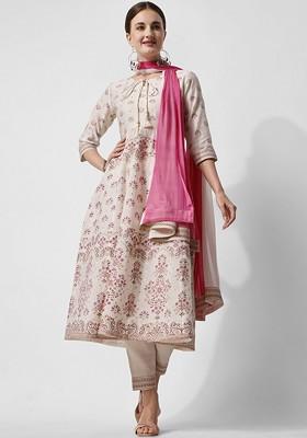 Off White Embroidered Poly Blended Kurta Sets