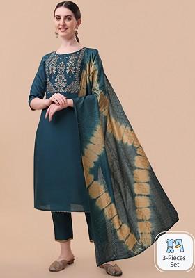 Teal Embroidered Poly Blended Kurta Sets