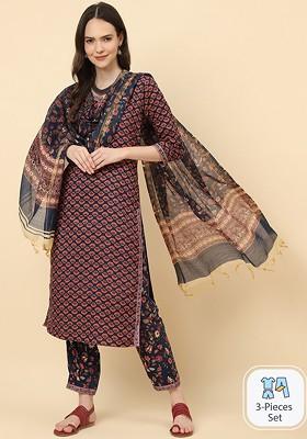 Brown Embroidered Poly Blended Kurta Sets