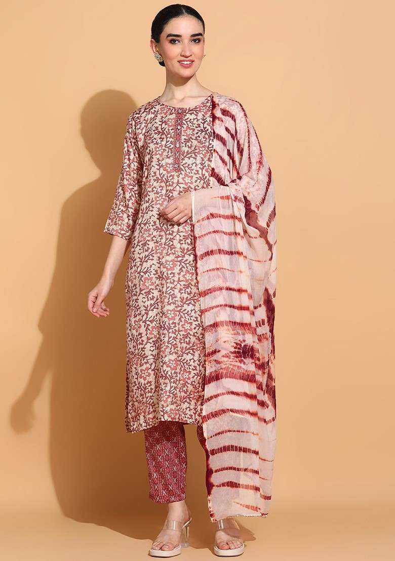 Rust Embroidered Poly Blended Kurta Sets - Indya