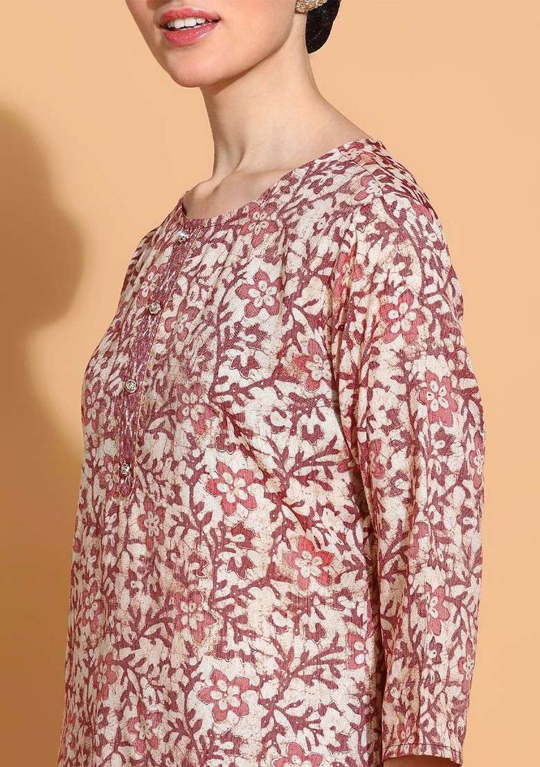 Rust Embroidered Poly Blended Kurta Sets - Indya