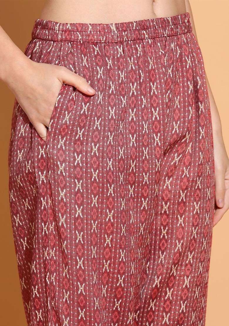 Rust Embroidered Poly Blended Kurta Sets - Indya