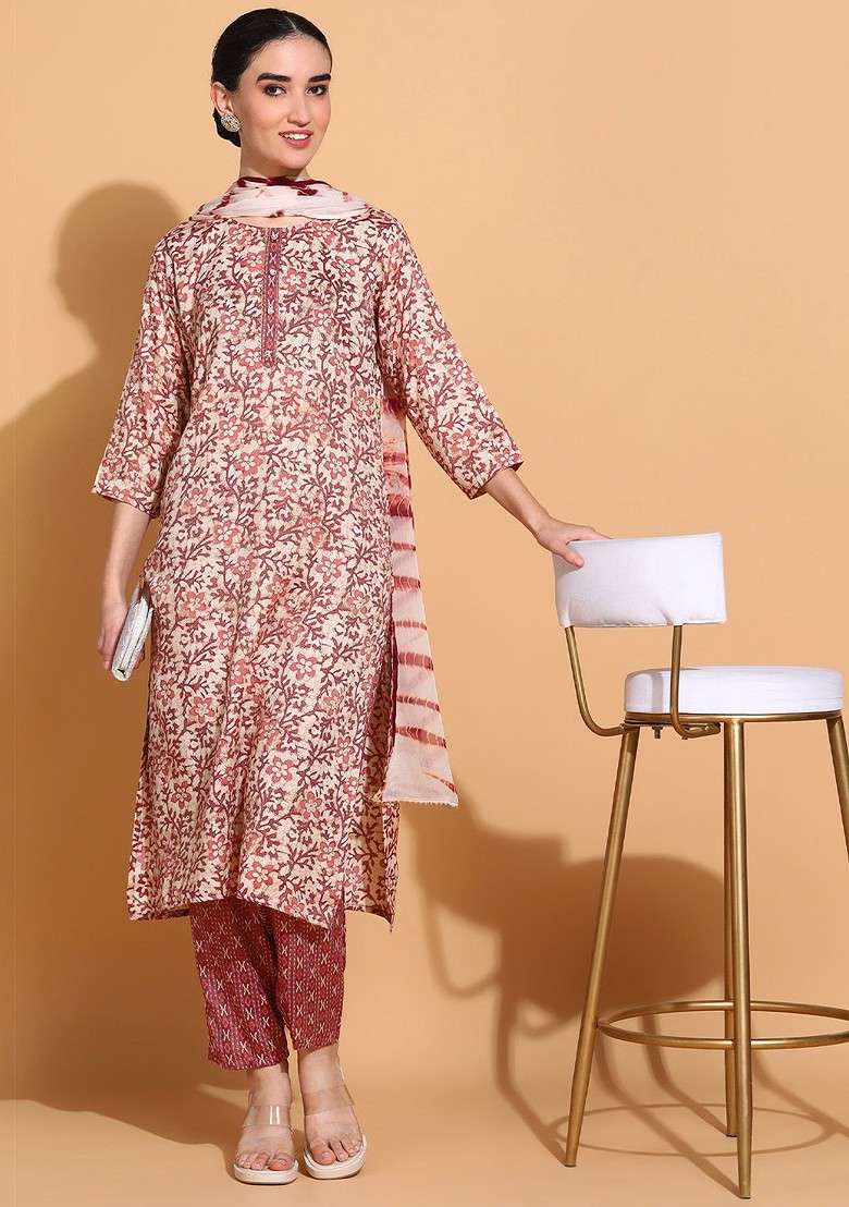 Rust Embroidered Poly Blended Kurta Sets - Indya