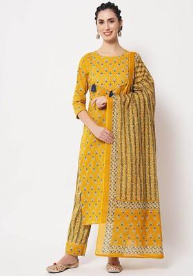 Mustard Embroidered Poly Blended Kurta Sets