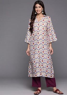 Off White Embroidered Poly Blended Kurta Sets