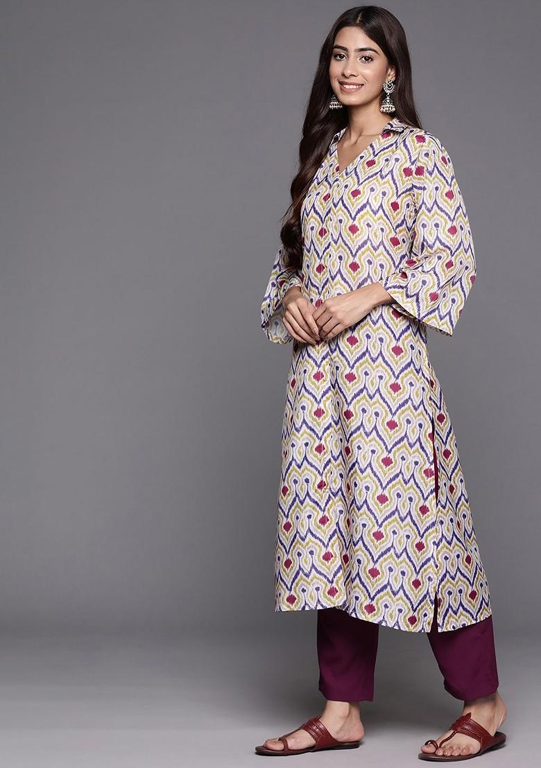 Off White Embroidered Poly Blended Kurta Sets - Indya