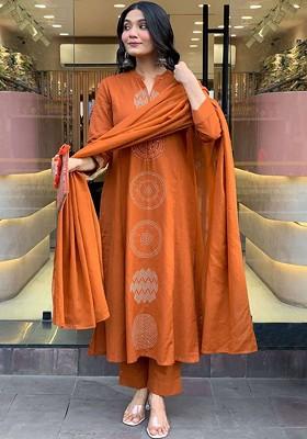 Orange Embroidered Poly Blended Kurta Sets