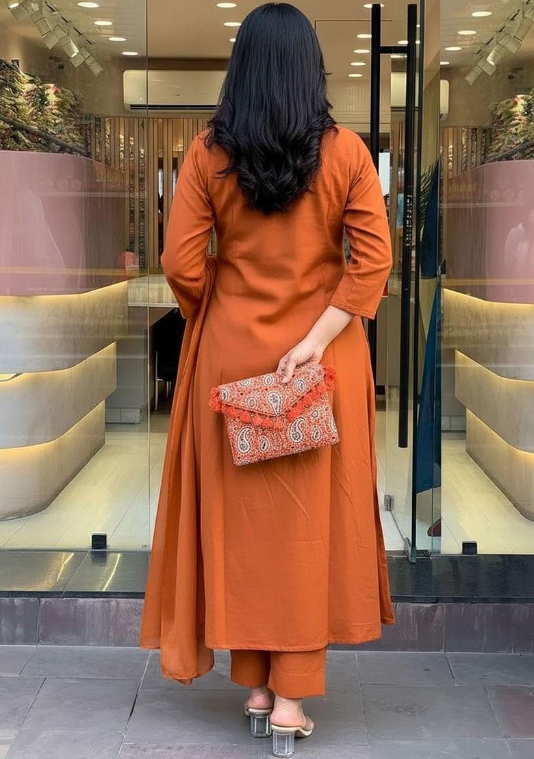 Orange Embroidered Poly Blended Kurta Sets - Indya