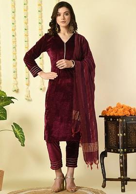 Magenta Embroidered Poly Blended Kurta Sets