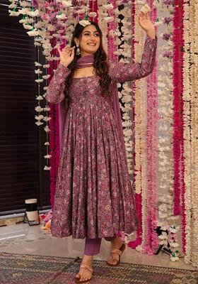 Mauve Embroidered Poly Blended Kurta Sets