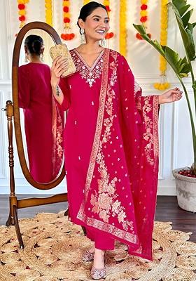 Fuchsia Embroidered Poly Blended Kurta Sets