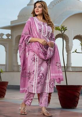 Mauve Embroidered Poly Blended Kurta Sets