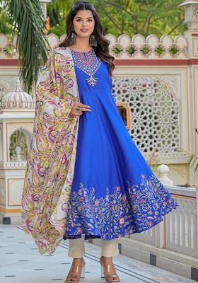 Blue Embroidered Poly Blended Kurtas