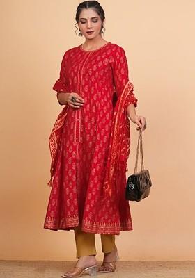 Red Embroidered Poly Blended Kurtas