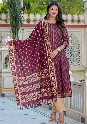 Maroon Embroidered Poly Blended Kurtas