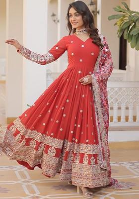 Red Embroidered Poly Blended Kurtas