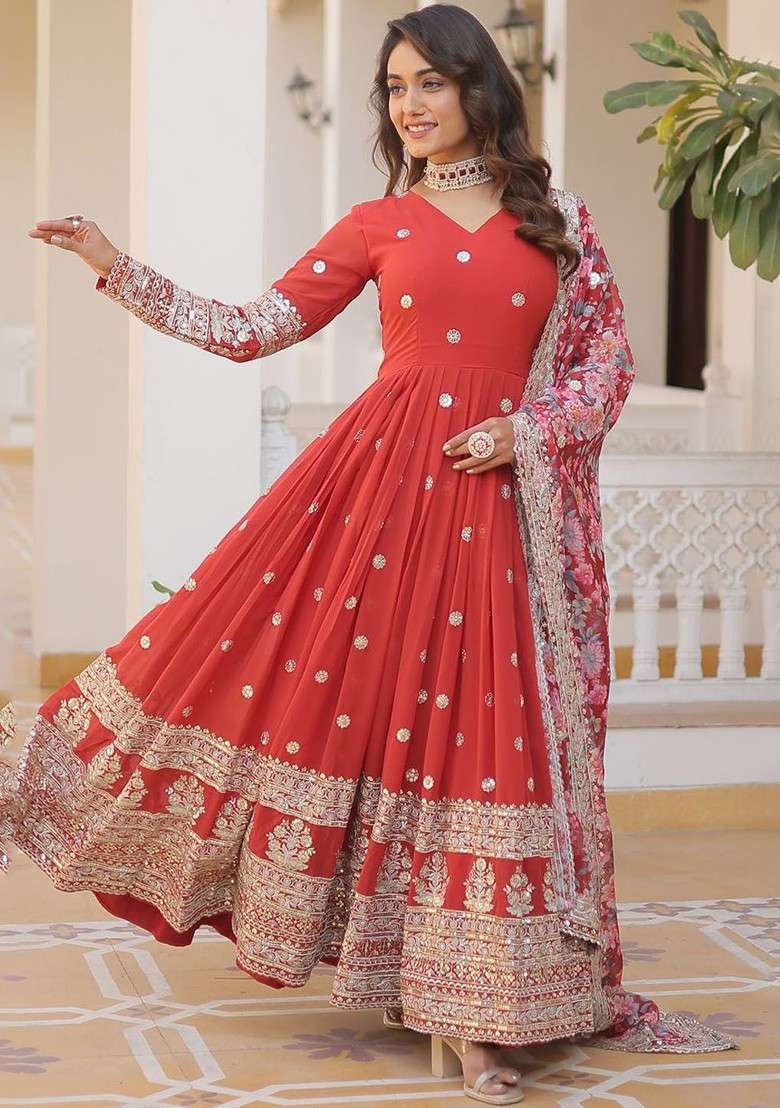 Red Embroidered Poly Blended Kurtas - Indya