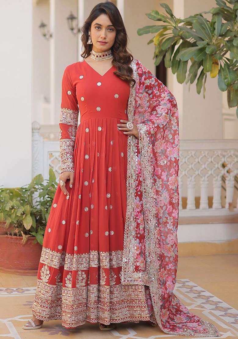 Red Embroidered Poly Blended Kurtas - Indya