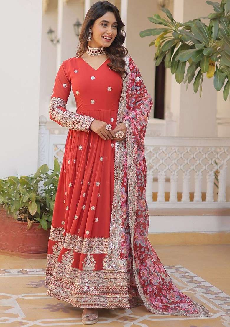 Red Embroidered Poly Blended Kurtas - Indya