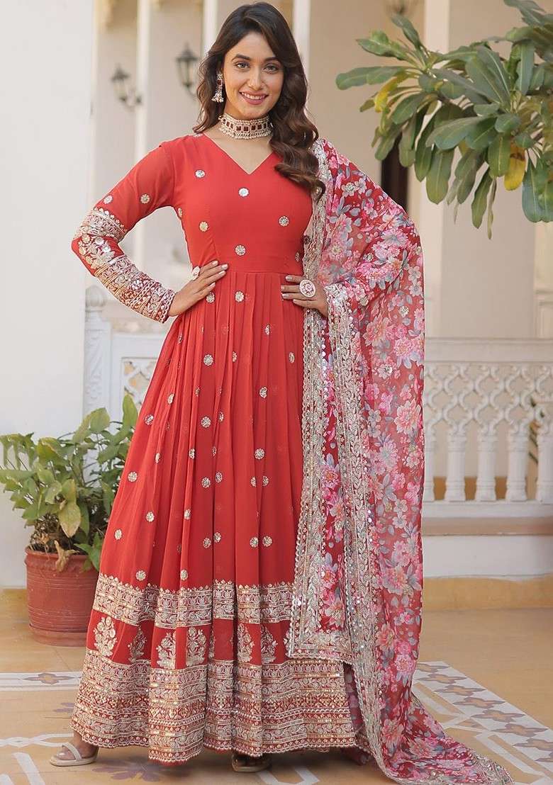 Red Embroidered Poly Blended Kurtas - Indya