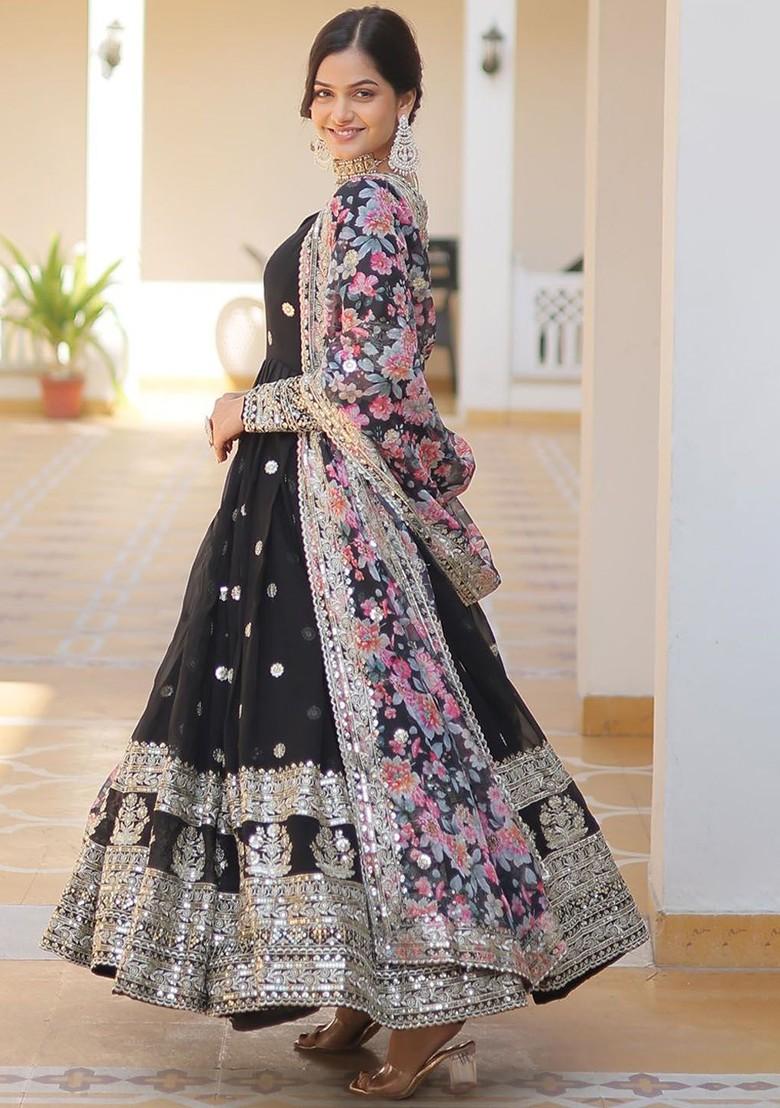 Black Embroidered Poly Blended Kurtas - Indya