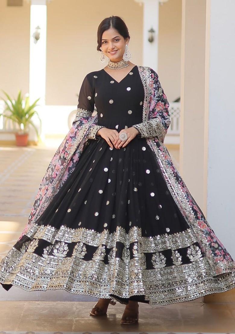 Black Embroidered Poly Blended Kurtas - Indya