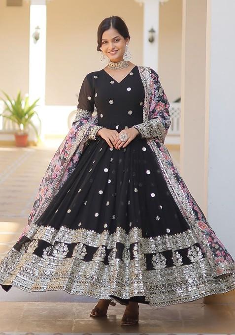 Black Embroidered Poly Blended Kurtas