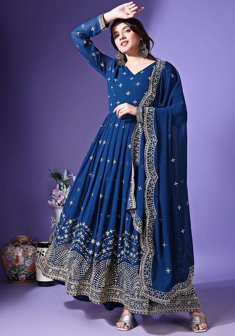 Turquoise Blue Embroidered Poly Blended Kurtas