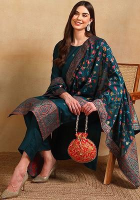 Teal Embroidered Poly Blended Kurta Sets