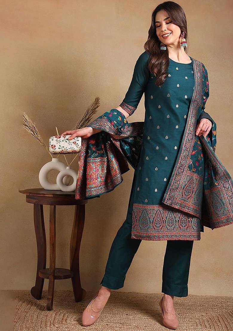 Teal Embroidered Poly Blended Kurta Sets - Indya