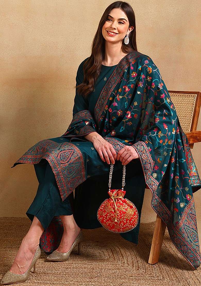 Teal Embroidered Poly Blended Kurta Sets - Indya
