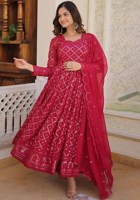 Pink Embroidered Poly Blended Kurtas