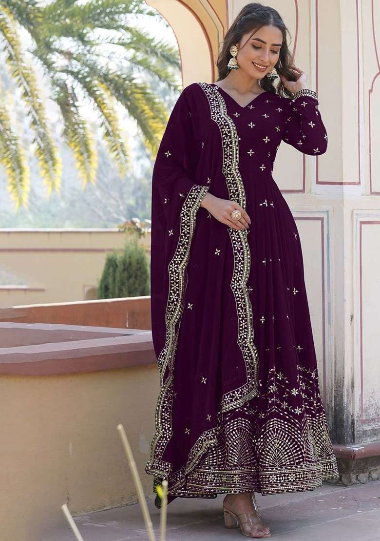 Purple Embroidered Poly Blended Kurtas - Indya