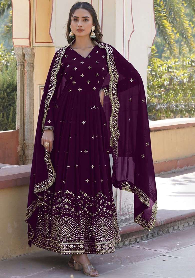 Purple Embroidered Poly Blended Kurtas - Indya
