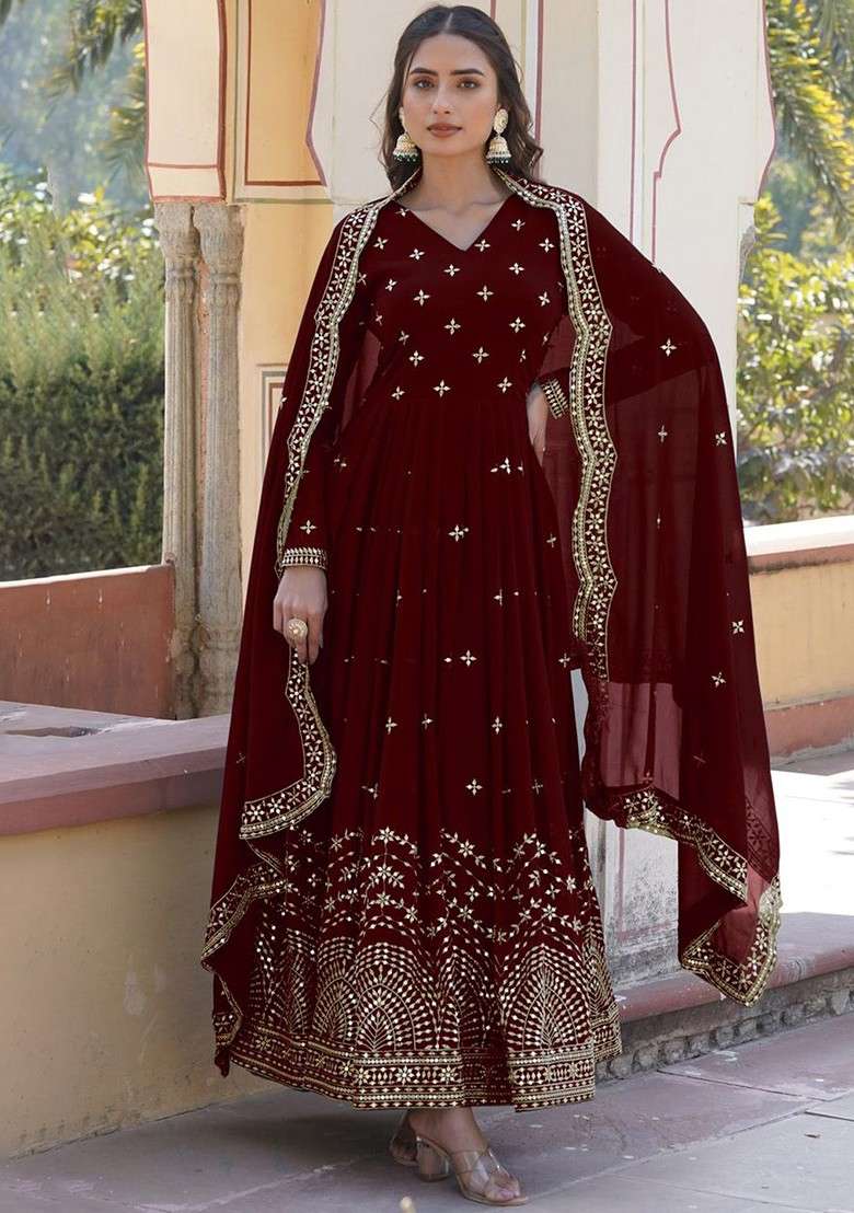 Maroon Embroidered Poly Blended Kurtas - Indya