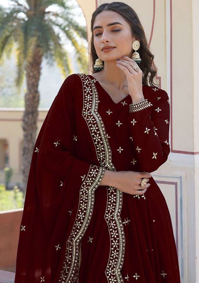Maroon Embroidered Poly Blended Kurtas - Indya