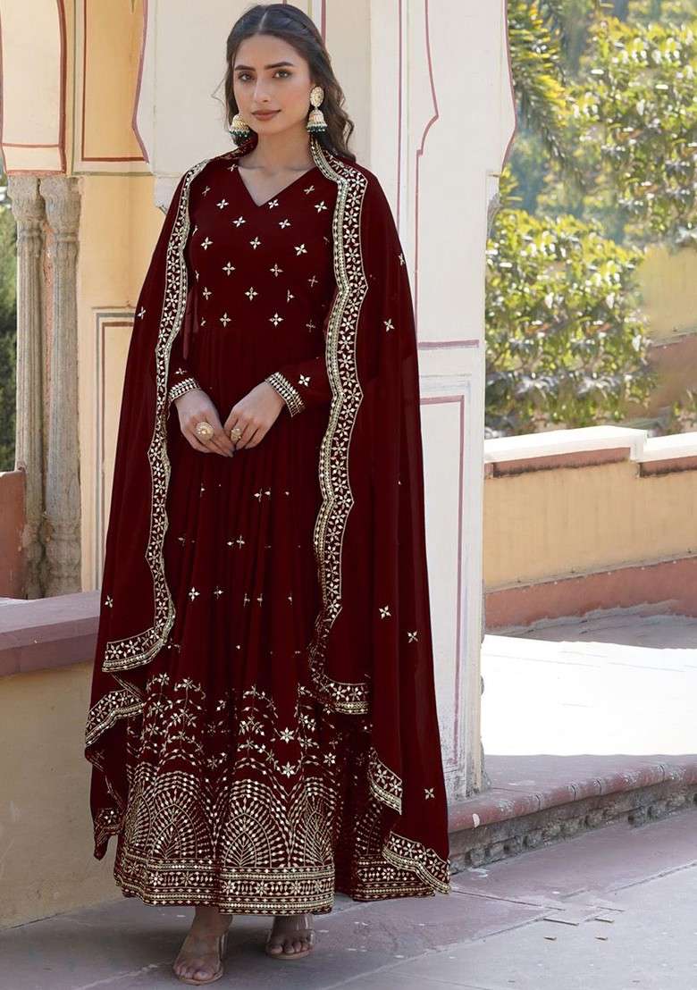 Maroon Embroidered Poly Blended Kurtas - Indya