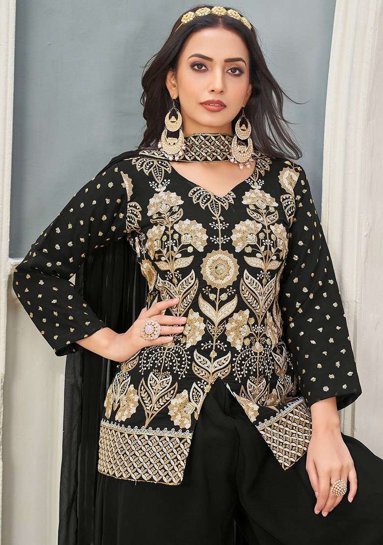 Black Embroidered Poly Blended Kurta Sets - Indya