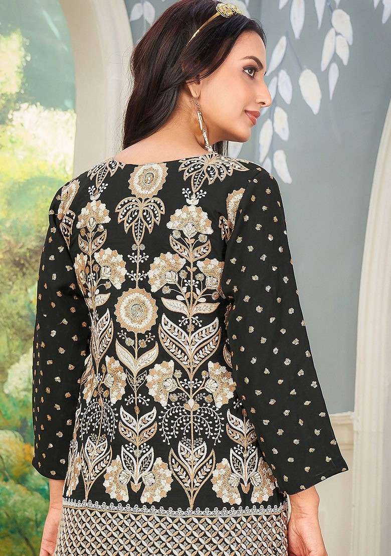 Black Embroidered Poly Blended Kurta Sets - Indya
