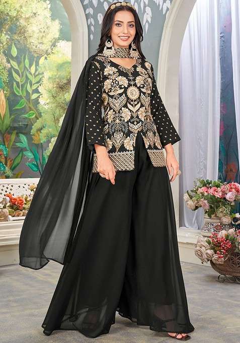 Black Embroidered Poly Blended Kurta Sets