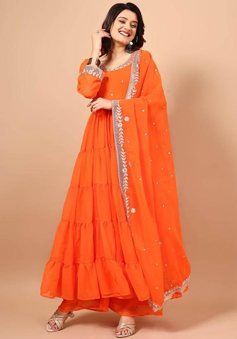 Orange Embroidered Poly Blended Kurta Sets