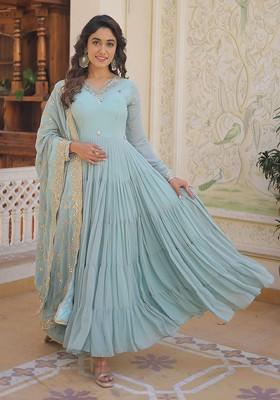 Blue Embroidered Poly Blended Kurtas