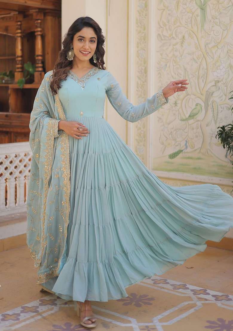 Blue Embroidered Poly Blended Kurtas - Indya