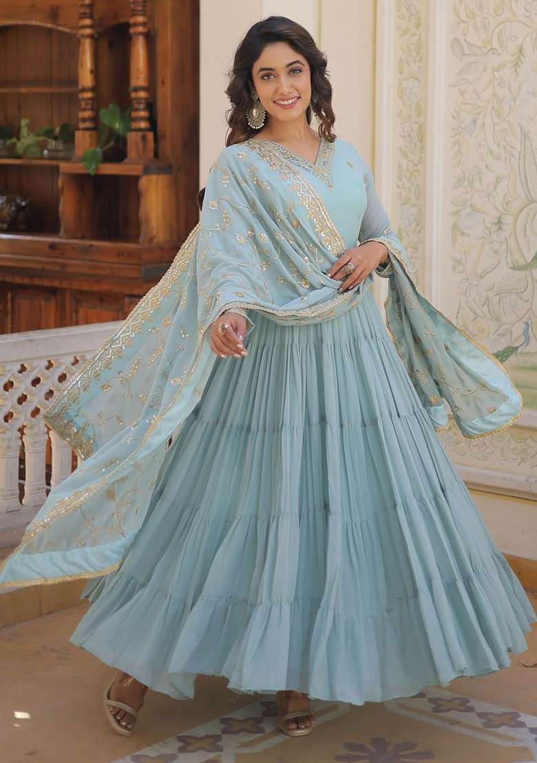 Blue Embroidered Poly Blended Kurtas - Indya